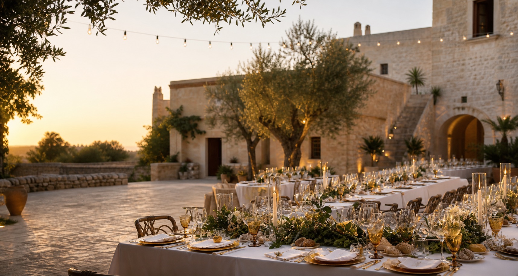 Ricevimento esterno tra olivi del Salento al tramonto