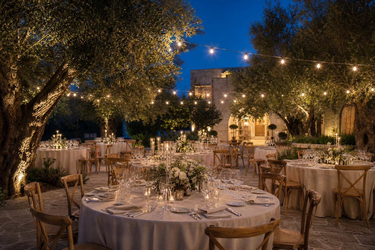 Ricevimento serale in giardino tra olivi e lucine in Salento